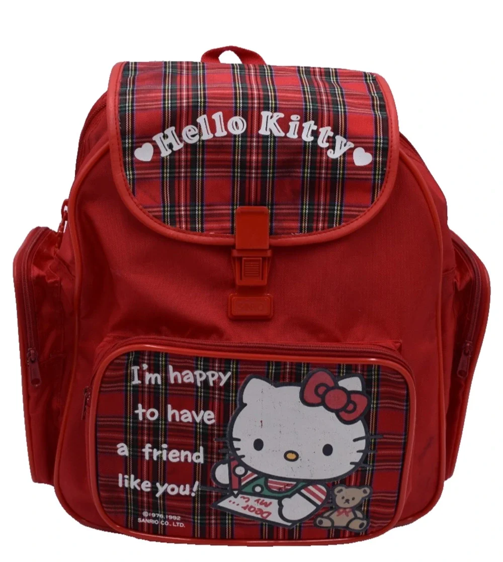 Vtg Sanrio Hello Kitty Backpack Small Red Book Bag - Happy to Have a Friend Like